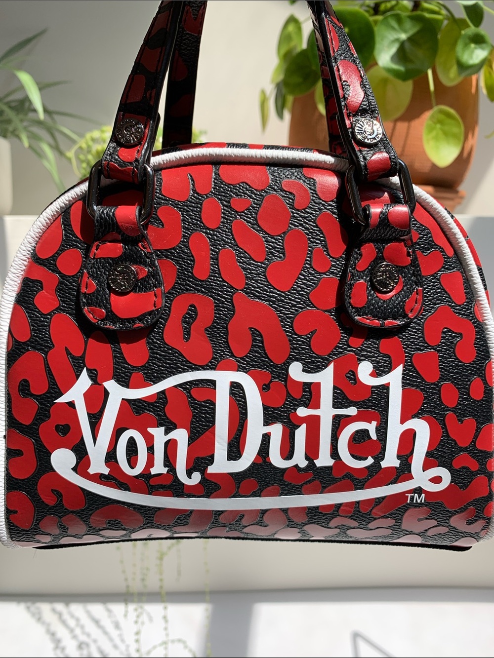 Von Dutch Red Leopard Cheetah Crossbody Mini Satchel Bowling Bag